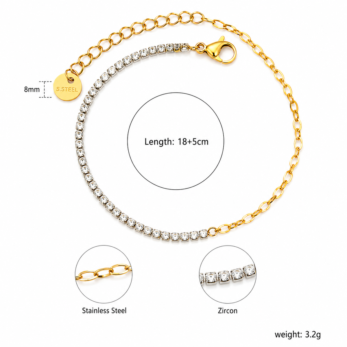 Ason White Zircon Four-Claw Bracelet 18K Gold