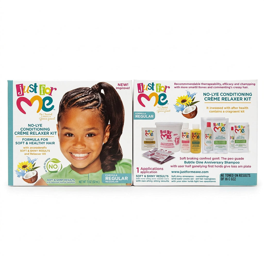 Just for Me No-Lye Conditioning Creme Relaxer Kit shown in its retail box packaging, featuring a smiling young girl on the front and product bottles pictured on the side panel.