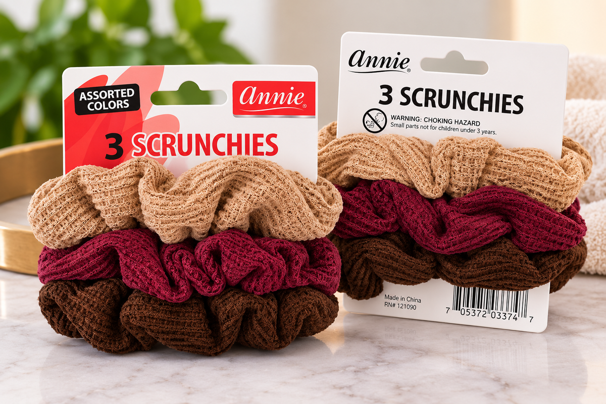 Annie 3-Pack Textured Hair Scrunchies in assorted beige, burgundy and brown colours, suitable for ponytails and buns, available at Rockland Beauty Supply.