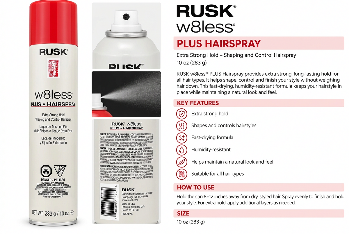 Rusk w8less Plus Hairspray shown in two aerosol cans on a white background with product text and features on the right. The left can has a red cap and the right can shows the white label side.