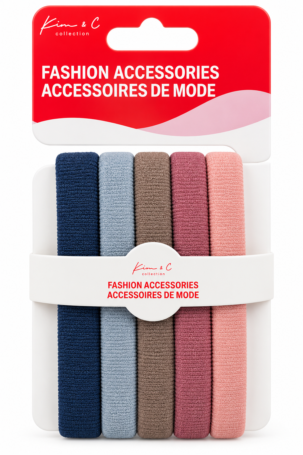 A 6-pack of fabric hair ties from Kim & C Collection in a retail blister pack. The hair ties are shown in six different colors: navy blue, light blue, taupe brown, dusty rose, mauve pink, and light pink.