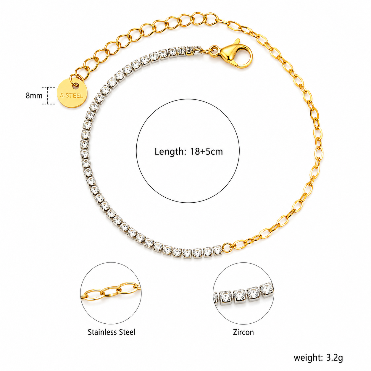 Ason White Zircon Four-Claw Bracelet 18K Gold