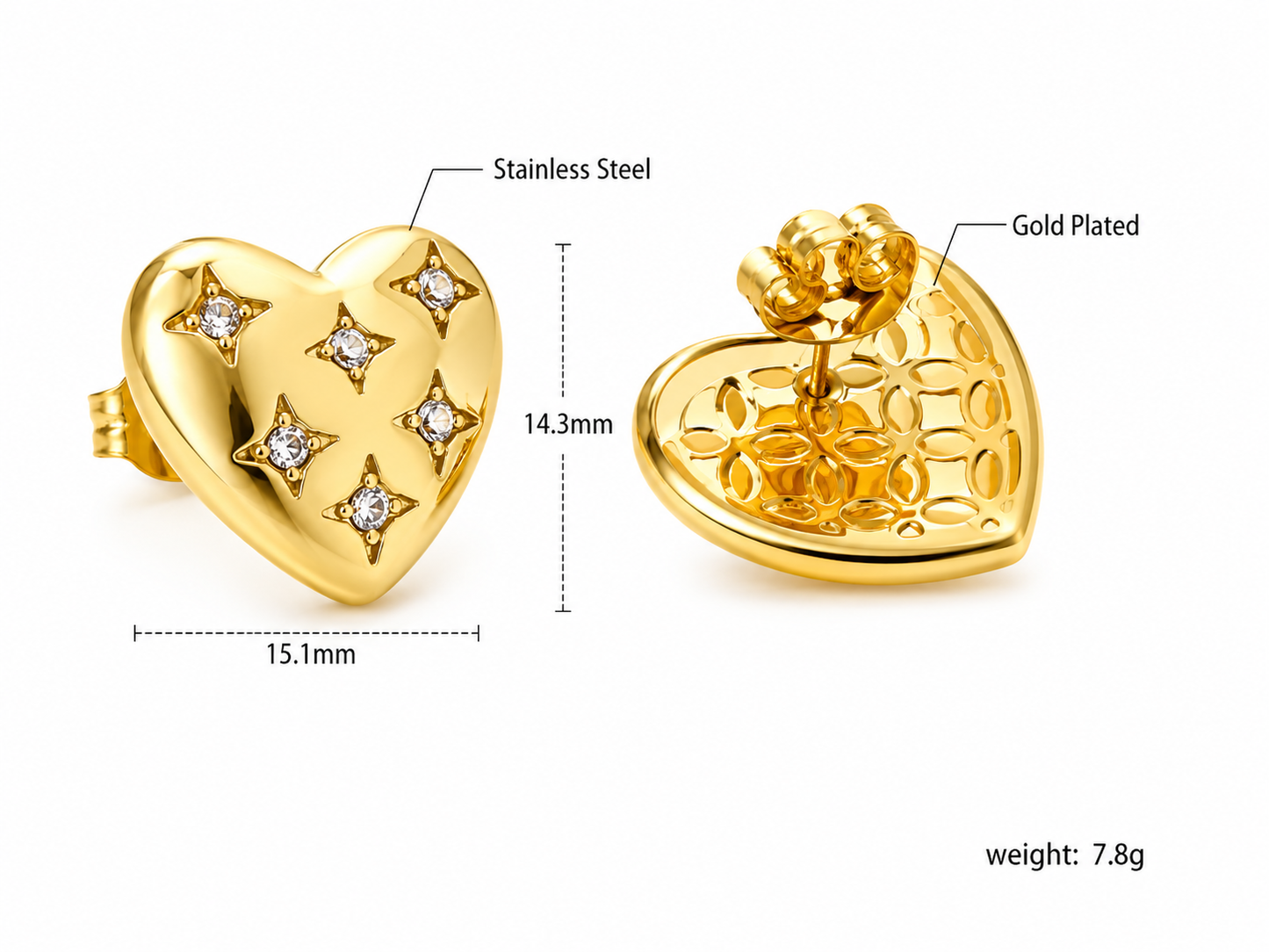 Ason Heart Zircon Stud Earrings 18K Gold