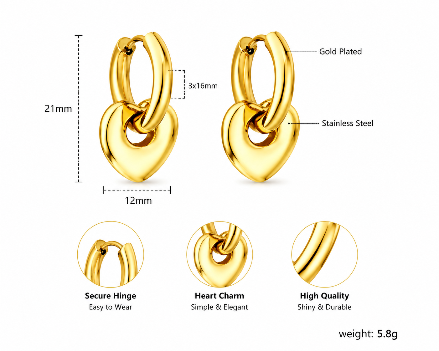 ASON Charm-Earring-Hoop Earrings - Stainless Steel / PVD 18k Gold