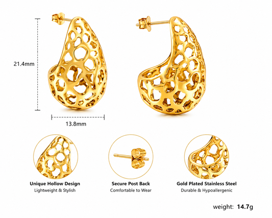 Ason Water Drop Hollow Zircon Stud Earrings 18K Gold