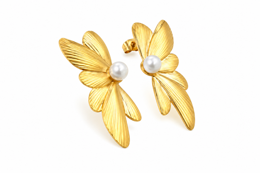 Ason Butterfly Pearl Stud Earrings 18K Gold
