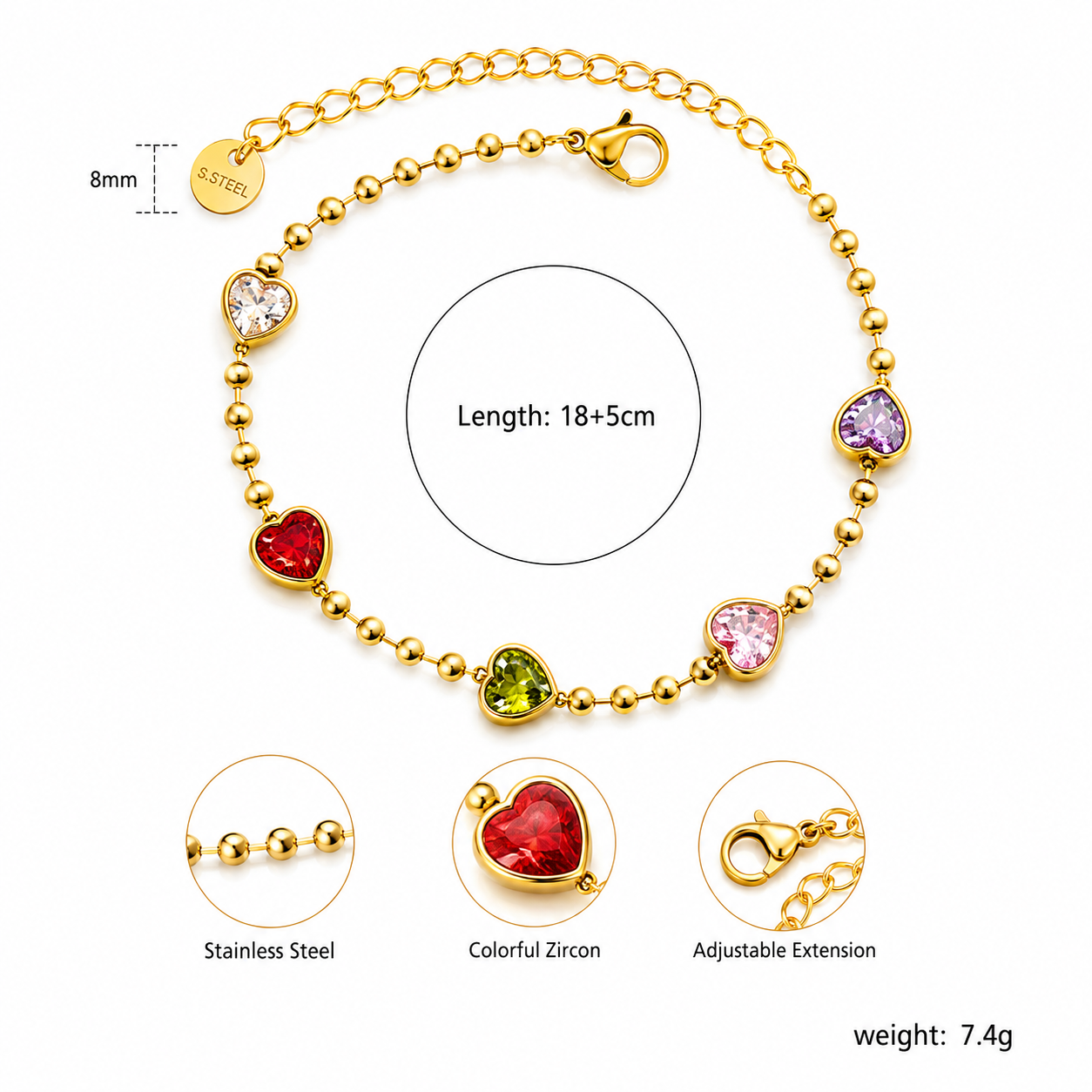 Ason Mixed Five-Colour Crystal Beaded Bracelet 18K Gold