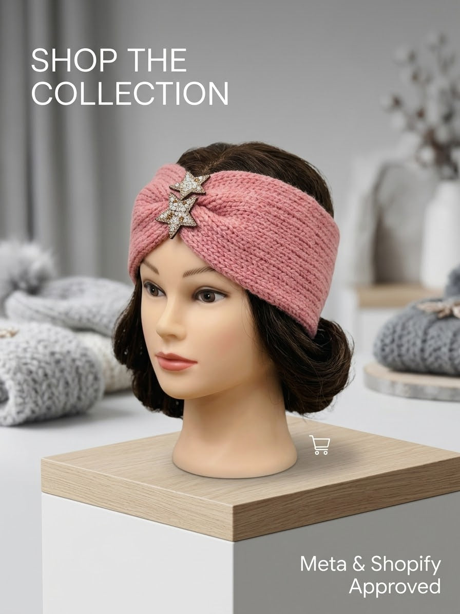 Bandeaux cache-oreilles pour femme en maille épaisse avec strass et breloques