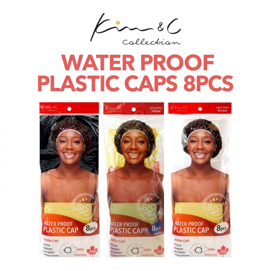 Three packages of Kim & C Water Proof Plastic Caps, 8 pieces each, displayed side-by-side on a white background with red and black text at the top.