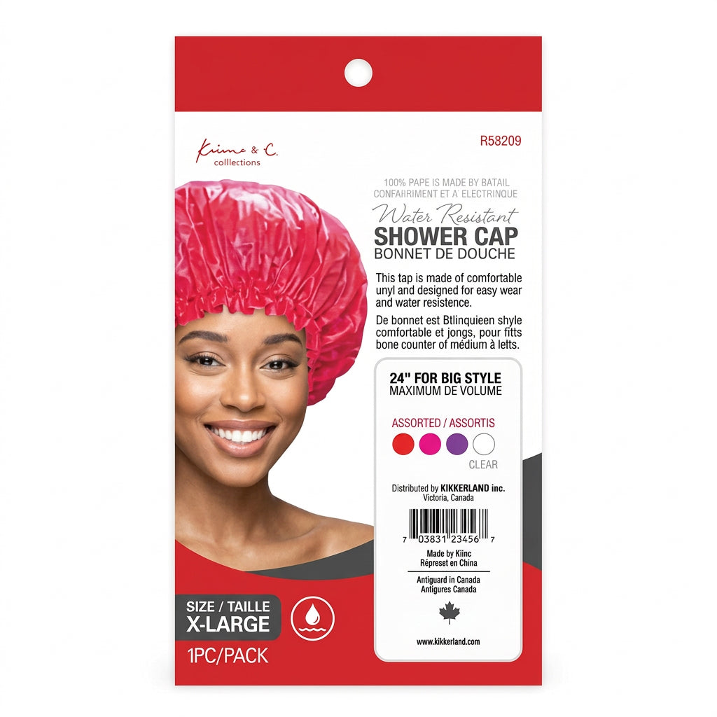 A packaged shower cap on a white background. The package shows a smiling woman wearing a bright pink shower cap, with product text and a barcode on the right side.