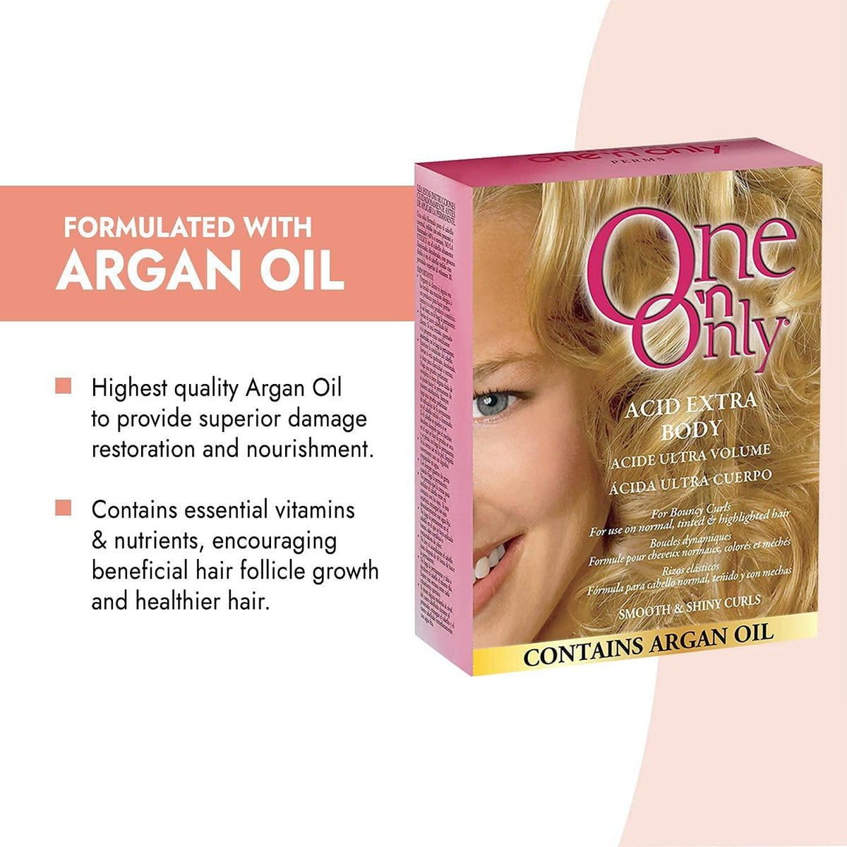One 'N Only hair product box with text about argan oil and benefits on a white background