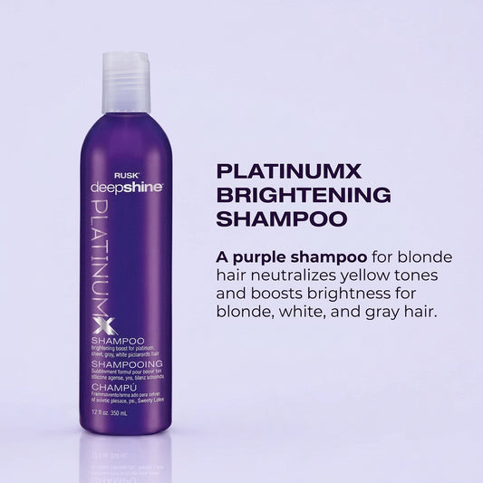 RUSK Deepshine PLATINUMX Brightening Shampoo bottle with product information.