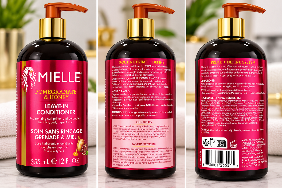 Back packaging of Mielle Pomegranate & Honey Leave-In Conditioner 355 mL showing product directions, ingredients, and manufacturer information.