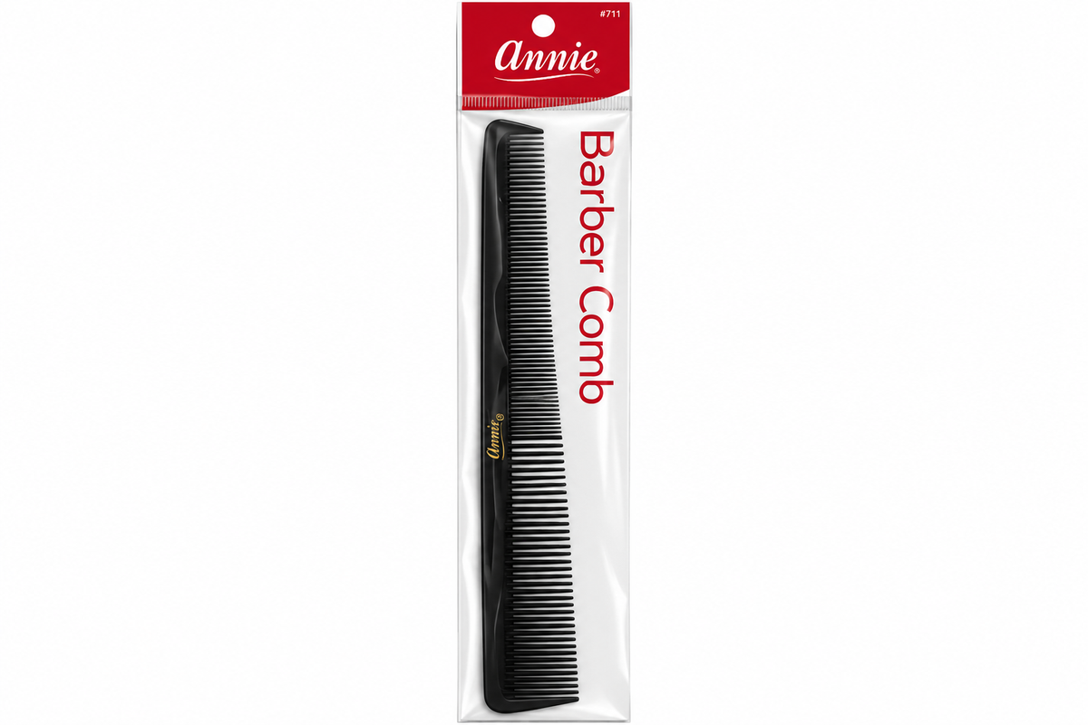 Annie Barber Comb black plastic comb in its original retail packaging, featuring a red header card with the Annie brand logo.