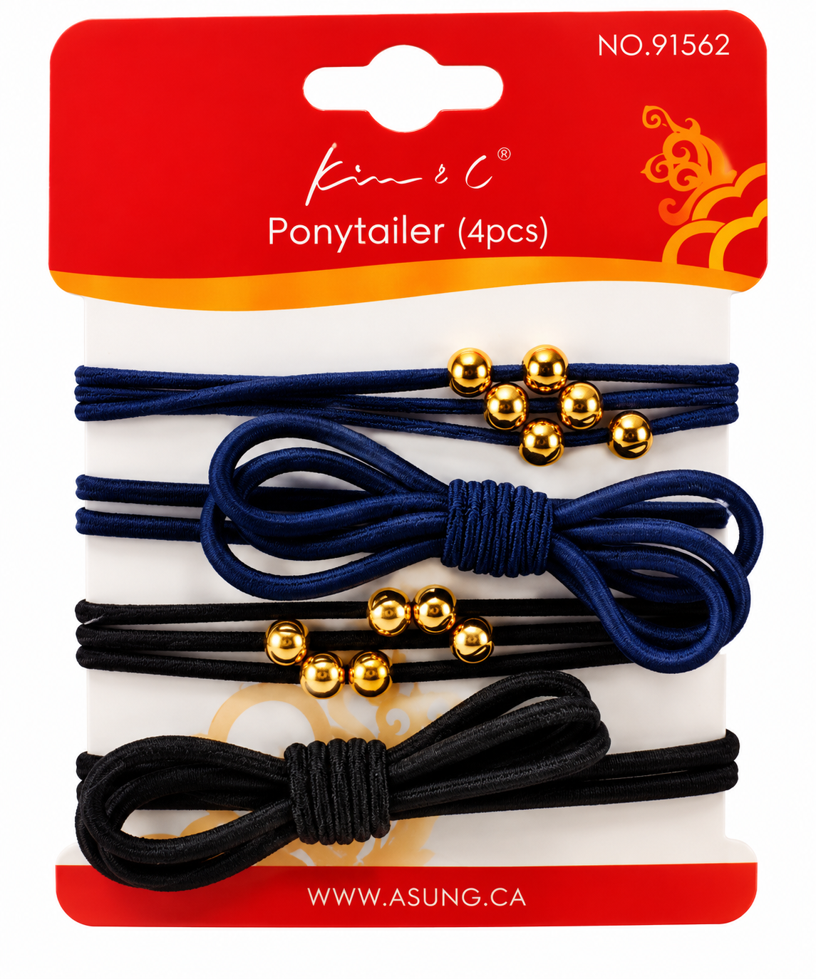 A 4-pack of Kim & C. Navy blue, black, and navy blue ponytail elastic hair ties with gold ball accents, packaged on a red and white cardboard backing.