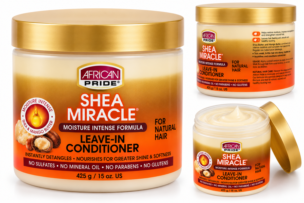 African Pride Shea Miracle Moisture Intense Leave-In Conditioner 15oz with Shea and Mango Butter for natural hair, available at Rockland Beauty Supply.