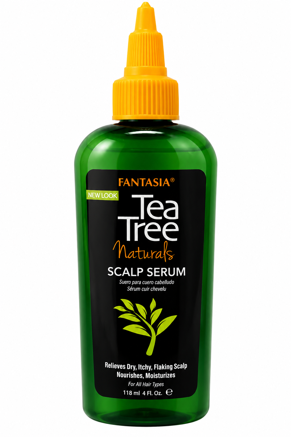 A bottle of Fantasia Tea Tree Naturals Scalp Serum with a green bottle, yellow cap, and black label on a white background.