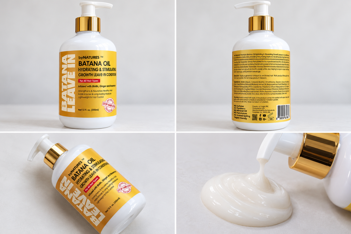 Back label of By Natures Batana Oil Leave-In Conditioner 12 oz showing ingredients, benefits and directions for use.