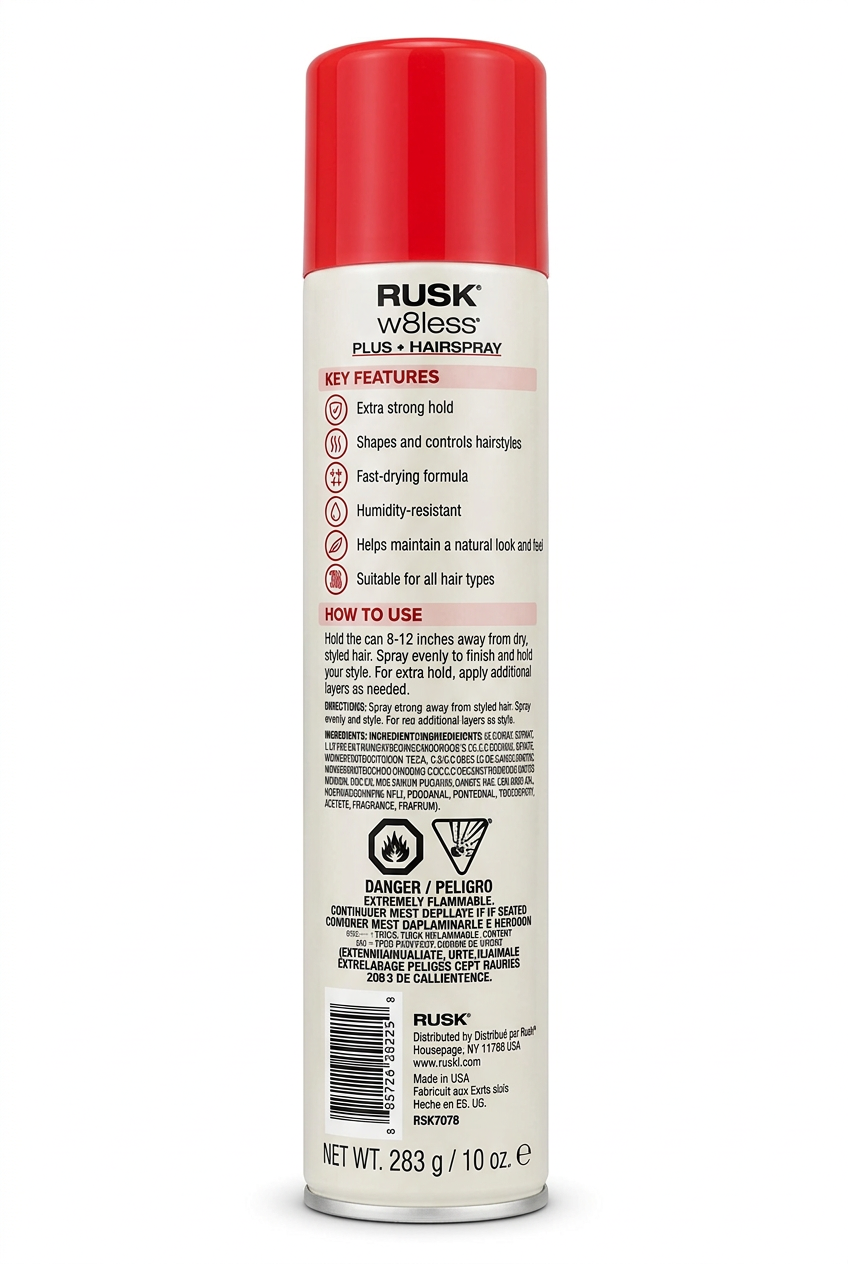 A single can of Rusk w8less PLUS  + Hair Spray on a plain white background. The spray can has a red cap and a white body with black and pink text detailing the key features and how to use.