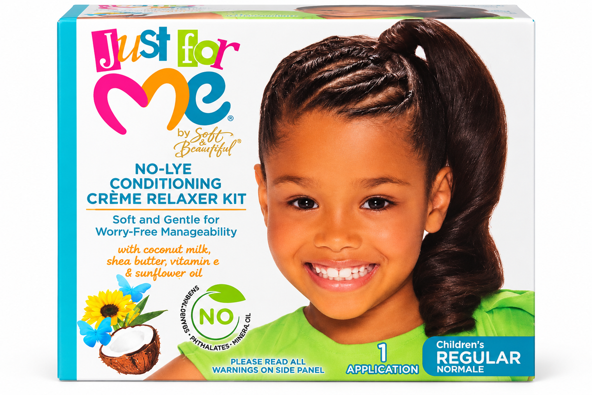 Just for Me No-Lye Conditioning Crème Relaxer Kit box, featuring a smiling young girl with braided hair on the front packaging.