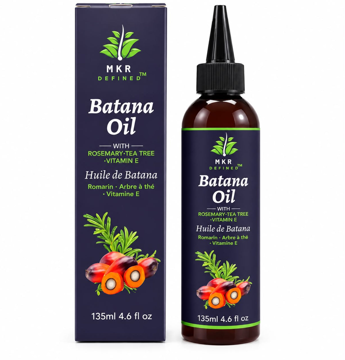 A bottle of MKR Defined Batana Oil next to its dark navy blue retail box, featuring illustrations of green leaves and orange-brown cashew nuts, on a white background.