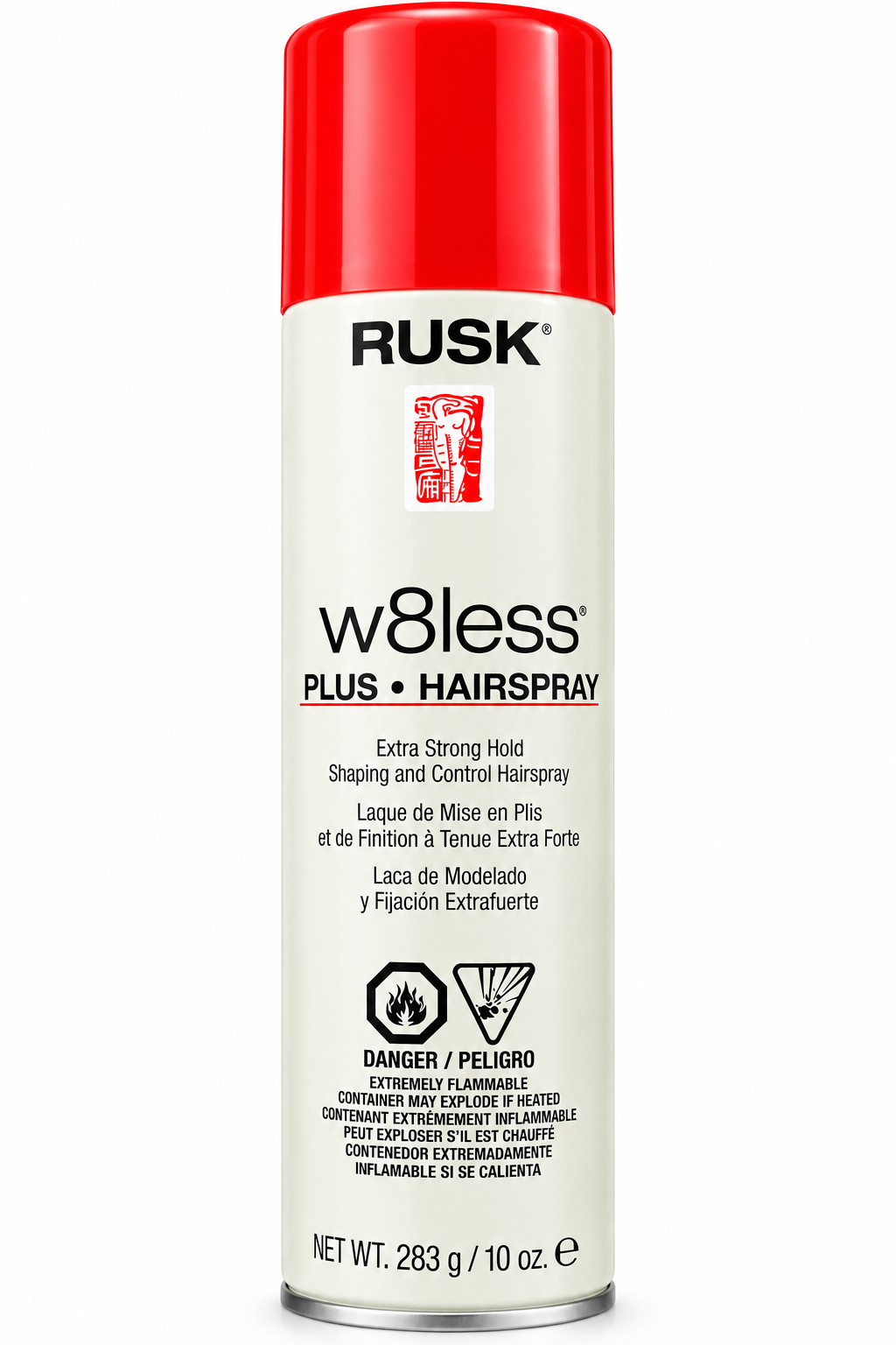 A can of Rusk w8less Plus Hairspray on a plain white background. The spray can has a white body with a bright red cap and black text.
