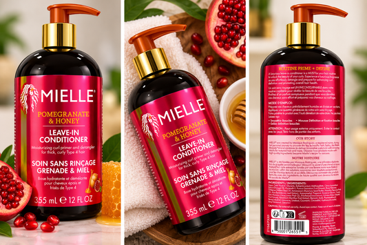 Mielle Pomegranate & Honey Leave-In Conditioner displayed with pomegranate and honey, formulated to moisturize and detangle thick, curly Type 4 hair.