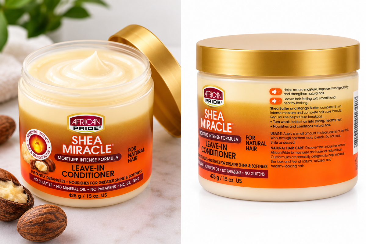 African Pride Shea Miracle Moisture Intense Leave-In Conditioner 15oz with Shea and Mango Butter for natural hair, available at Rockland Beauty Supply.
