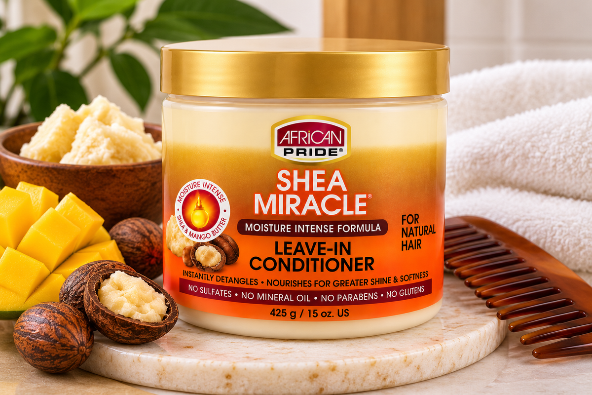 African Pride Shea Miracle Moisture Intense Leave-In Conditioner 15oz with Shea and Mango Butter for natural hair, available at Rockland Beauty Supply.