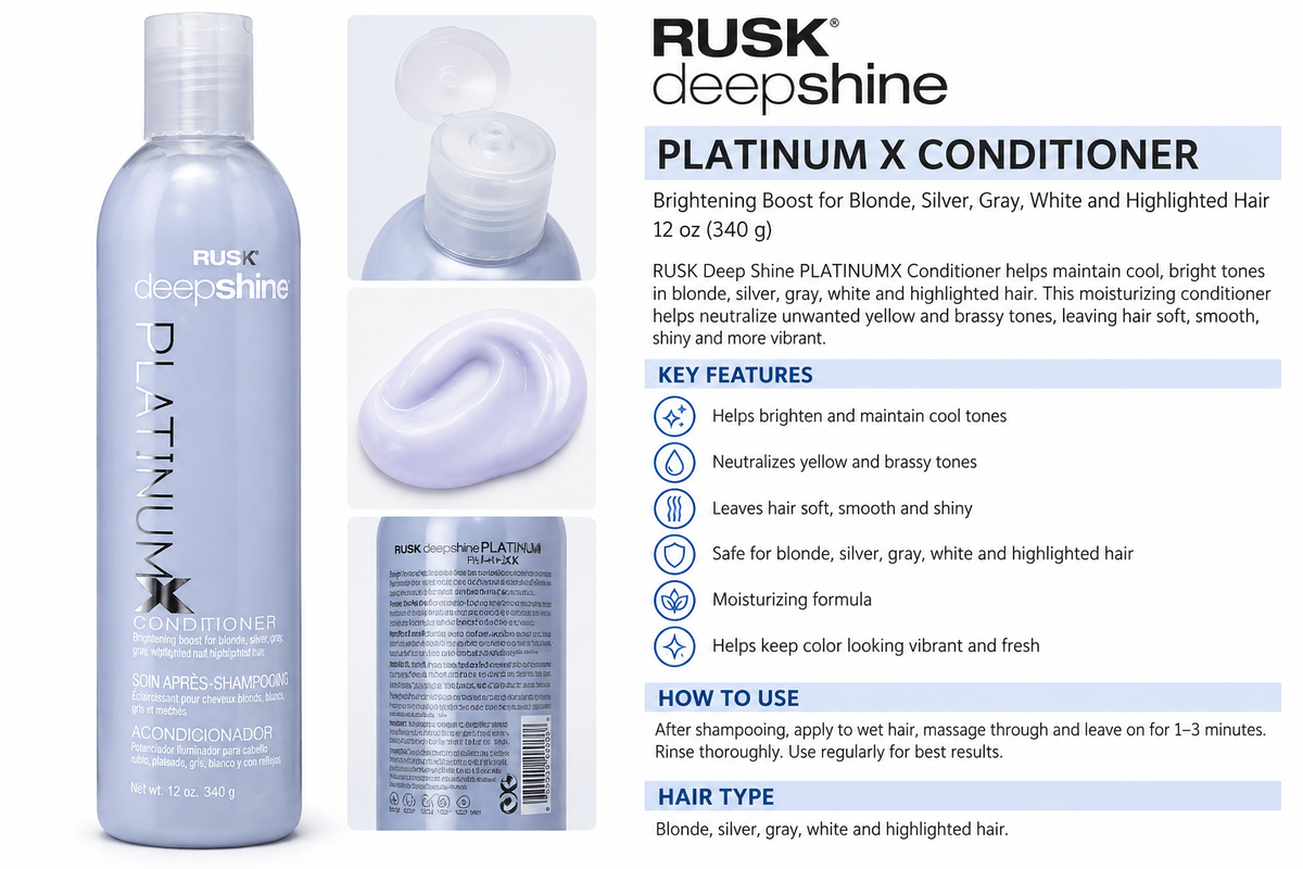 Rusk Deepshine Platinum X Conditioner bottle shown on a white background with product details, a before/after hair texture comparison, key features, and how-to instructions.