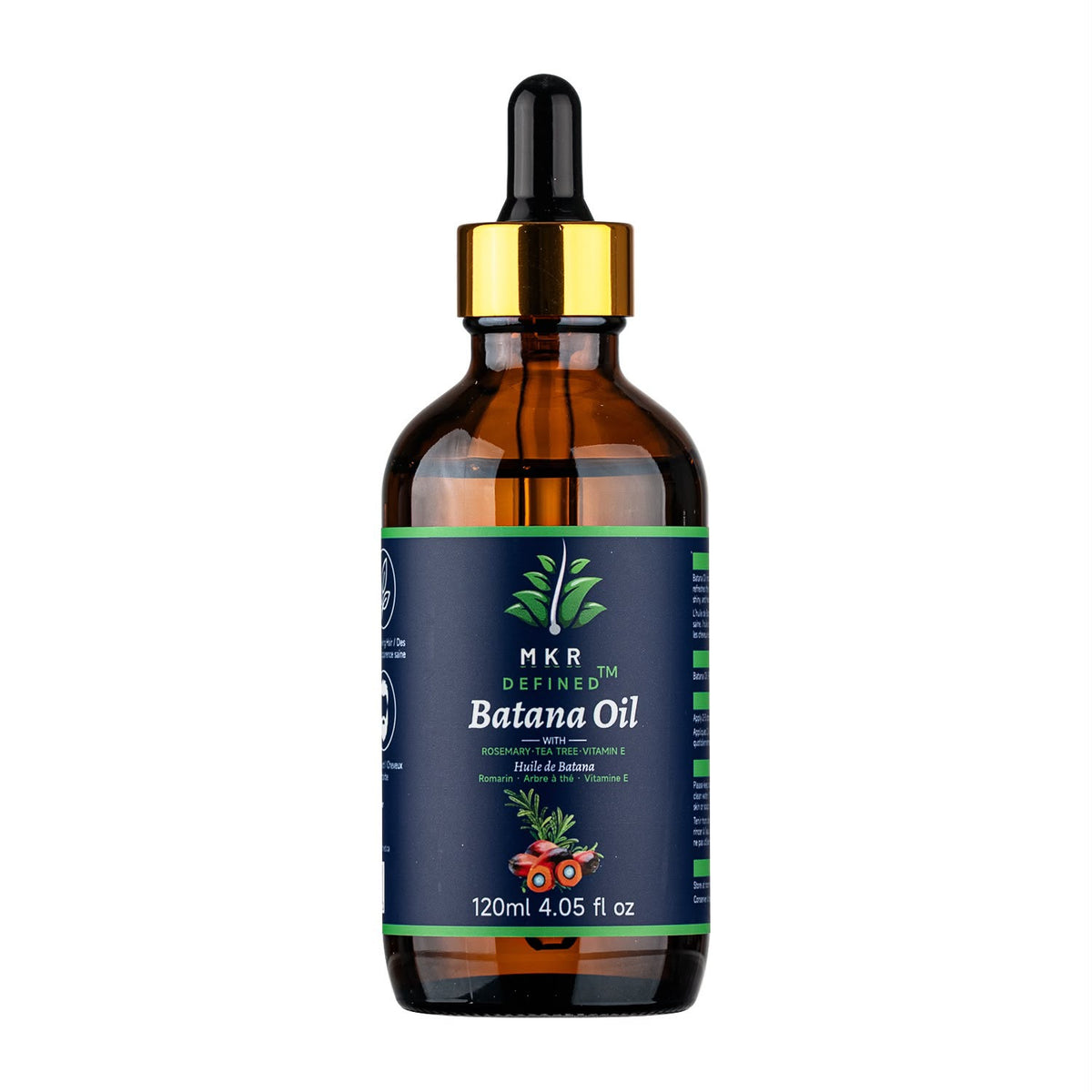 A 120ml amber glass dropper bottle of MKR Define Batana Oil with a black dropper cap and a gold collar, featuring a dark navy blue label with green and white text and graphics.