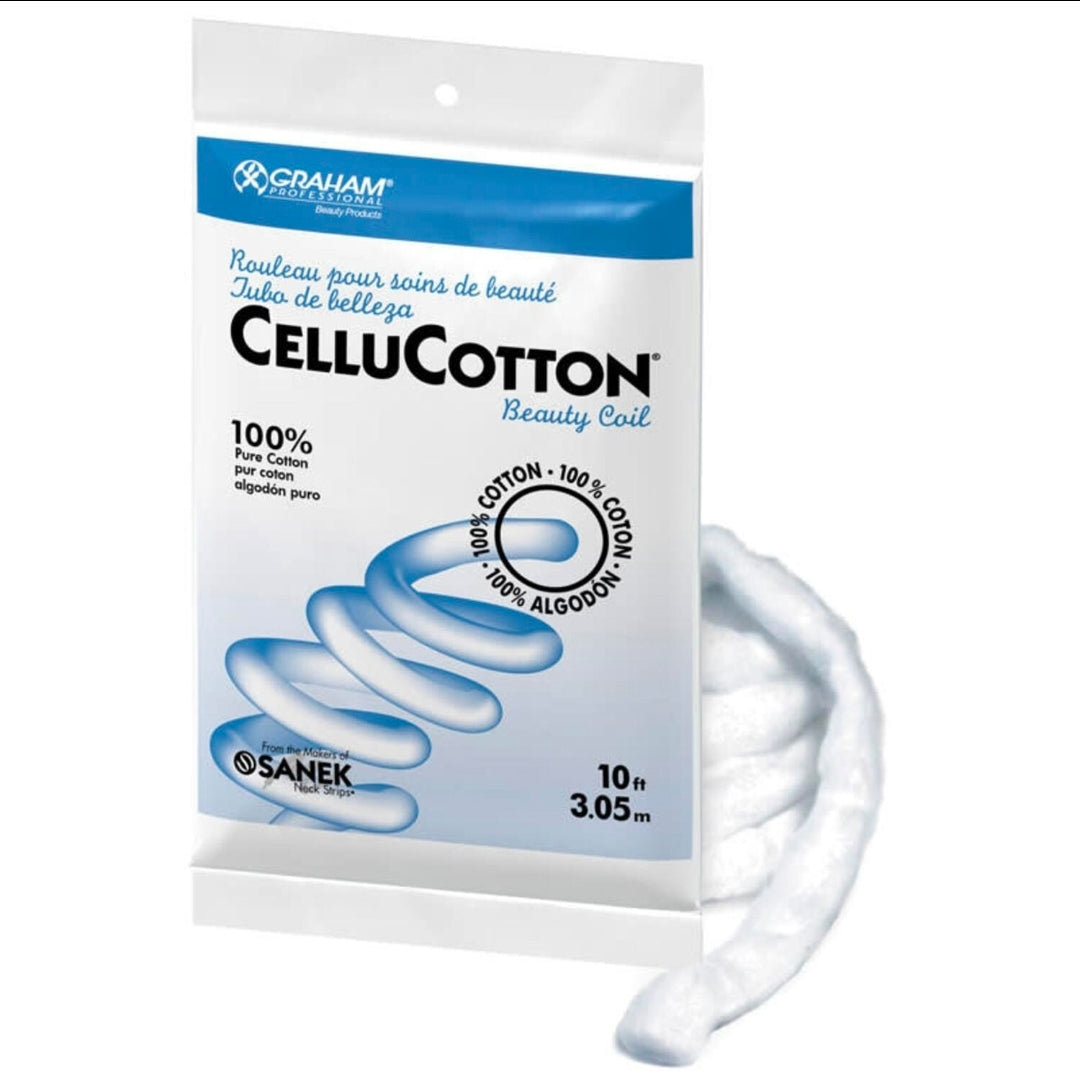 Graham CelluCotton Beauty Coil in a white and blue resealable pouch, with a white coiled roll of the product displayed in front on a white background.