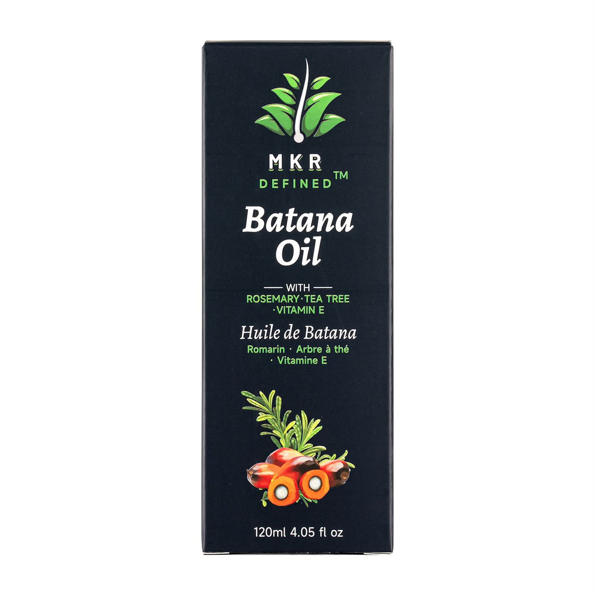 A tall black rectangular box of MKR Defined Batana Oil, featuring green and white text and illustrations of green leaves and orange-brown batana roots on a white background.