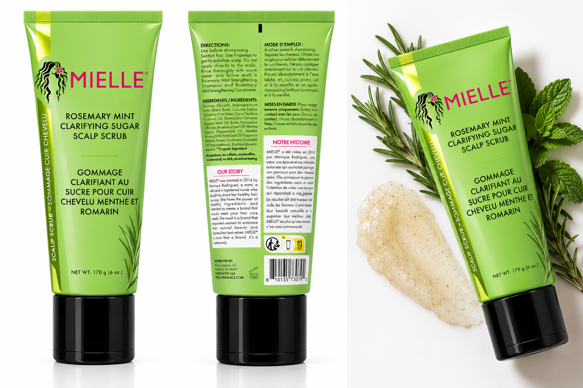 MIELLE Rosemary Mint Clarifying Sugar Scalp Scrub 6oz (170g) – exfoliating pre-shampoo scalp treatment that helps remove product buildup and refresh the scalp. Available at Rockland Beauty Supply.
