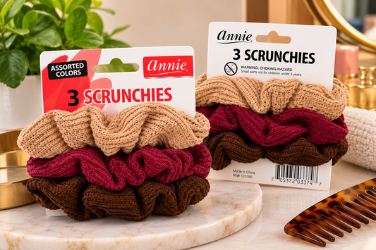 Annie 3-Pack Textured Hair Scrunchies in assorted beige, burgundy and brown colours, suitable for ponytails and buns, available at Rockland Beauty Supply.