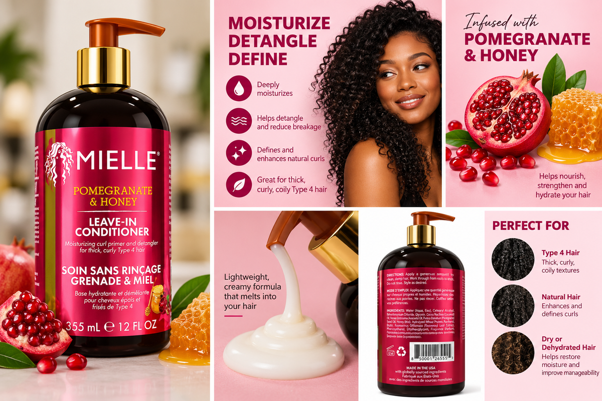 Mielle Pomegranate & Honey Leave-In Conditioner 12 oz bottle with metallic pink label and gold pump, available at Rockland Beauty Supply.