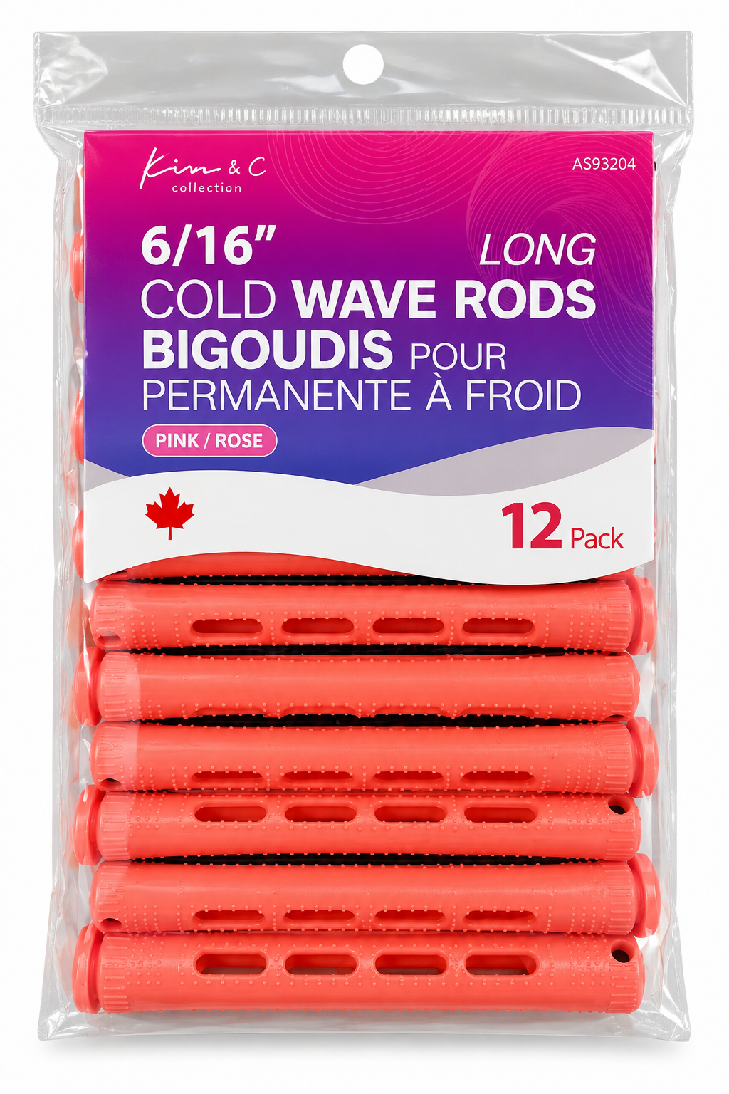A 12-pack of Kim & C collection 6/16" long cold wave rods in pink, packaged in a clear plastic bag with a purple and white header card.