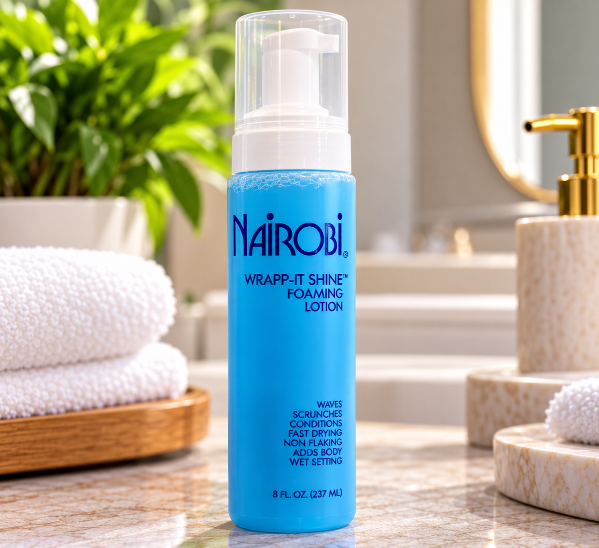 A bottle of Nairobi Wrap-It Shine Foaming Lotion. 237ml