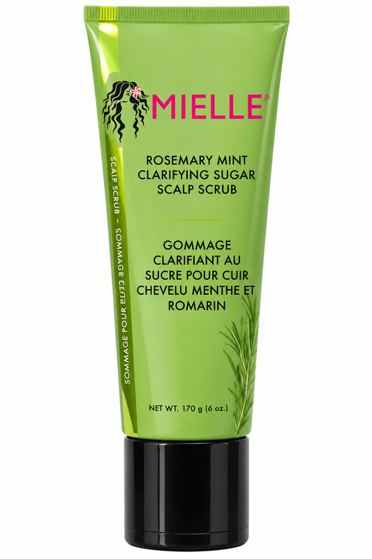 MIELLE Rosemary Mint Clarifying Sugar Scalp Scrub 6oz (170g) – exfoliating pre-shampoo scalp treatment that helps remove product buildup and refresh the scalp. Available at Rockland Beauty Supply.