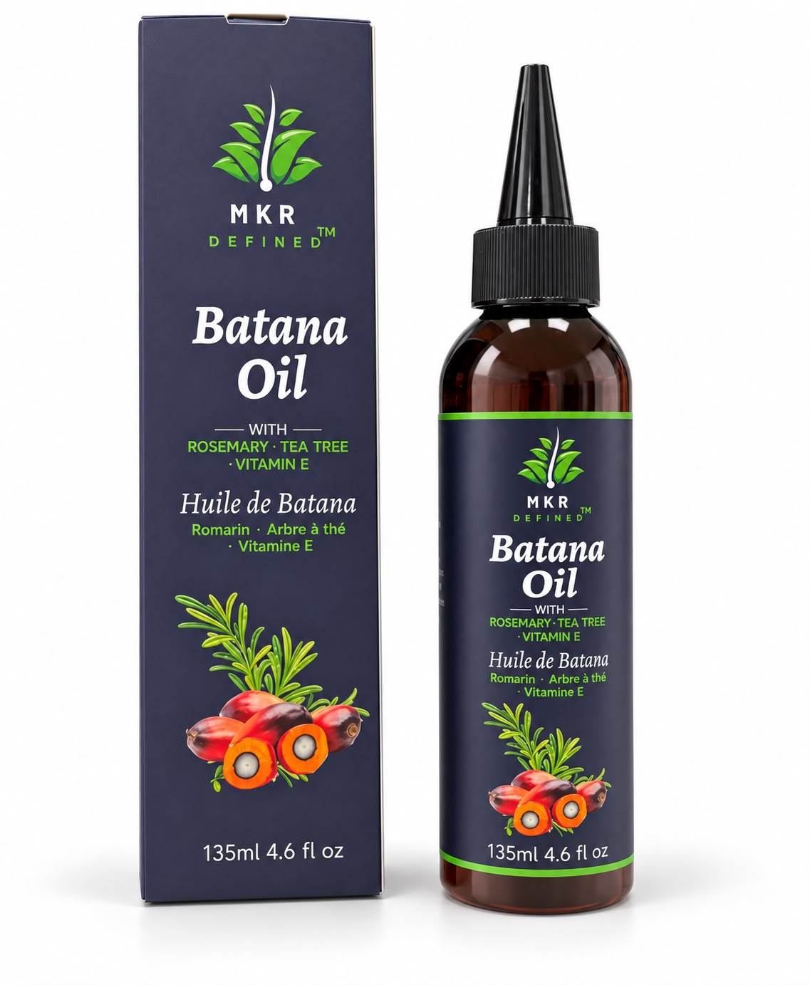 A bottle of MKR Defined Batana Oil next to its retail box, both featuring a dark navy blue label with green and orange illustrations, on a white background.