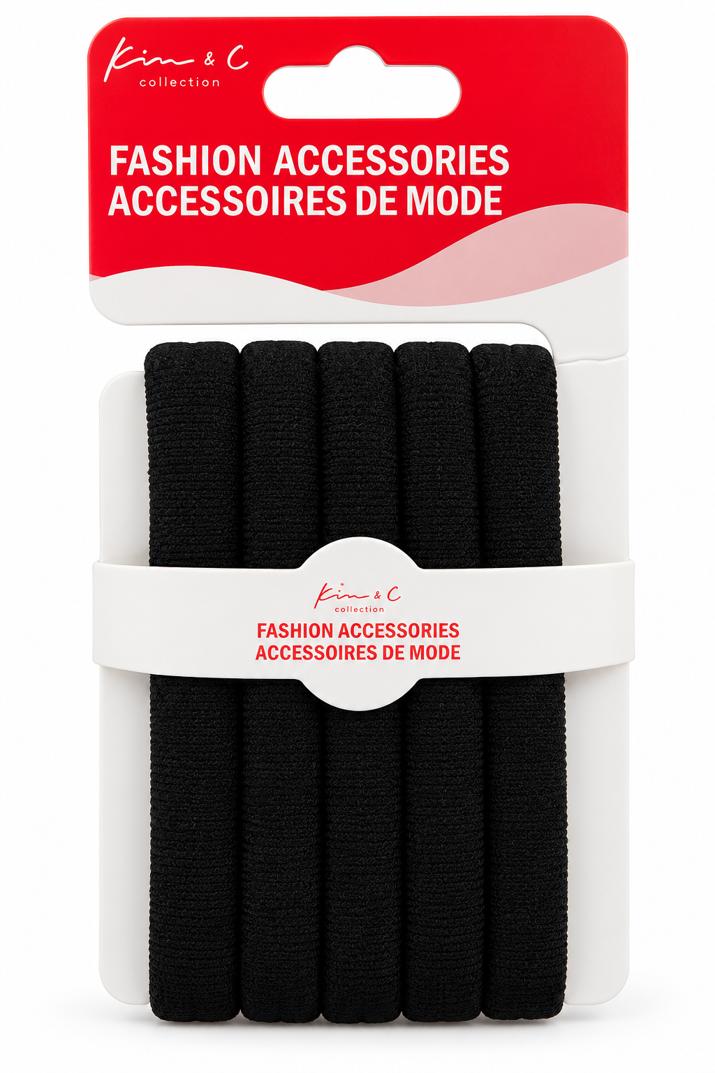 A 5-pack of black elastic hair ties in a retail blister pack with a red and white header card and a white paper band.