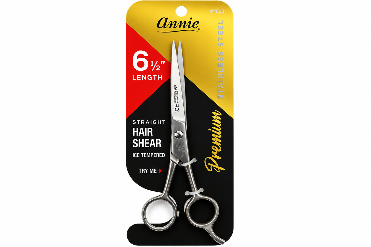 Annie 6 1/2 inch premium stainless steel straight hair shears in its original retail packaging, featuring a black and gold backing card with product details.