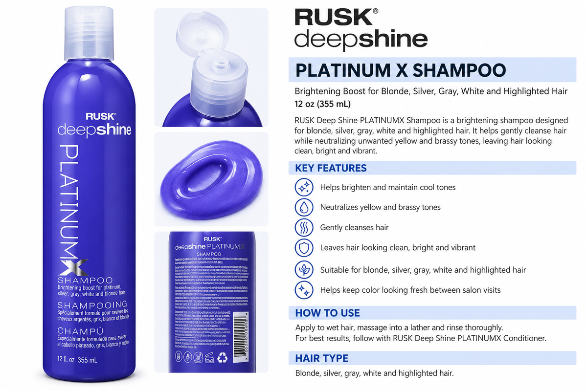 Rusk Deepshine Platinum X Shampoo bottle in a vibrant blue color, shown alongside product details, a pump dispenser, and an informational chart on the right detailing key features, how to use, and hair type suitability.