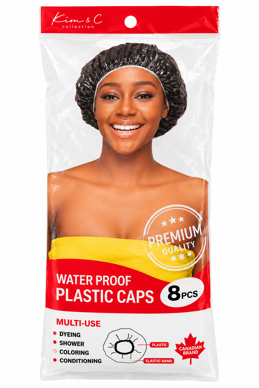 A package of Kim & C Water Proof Plastic Caps, 8 pieces, featuring a model wearing a black plastic cap on the front of the white and red packaging.
