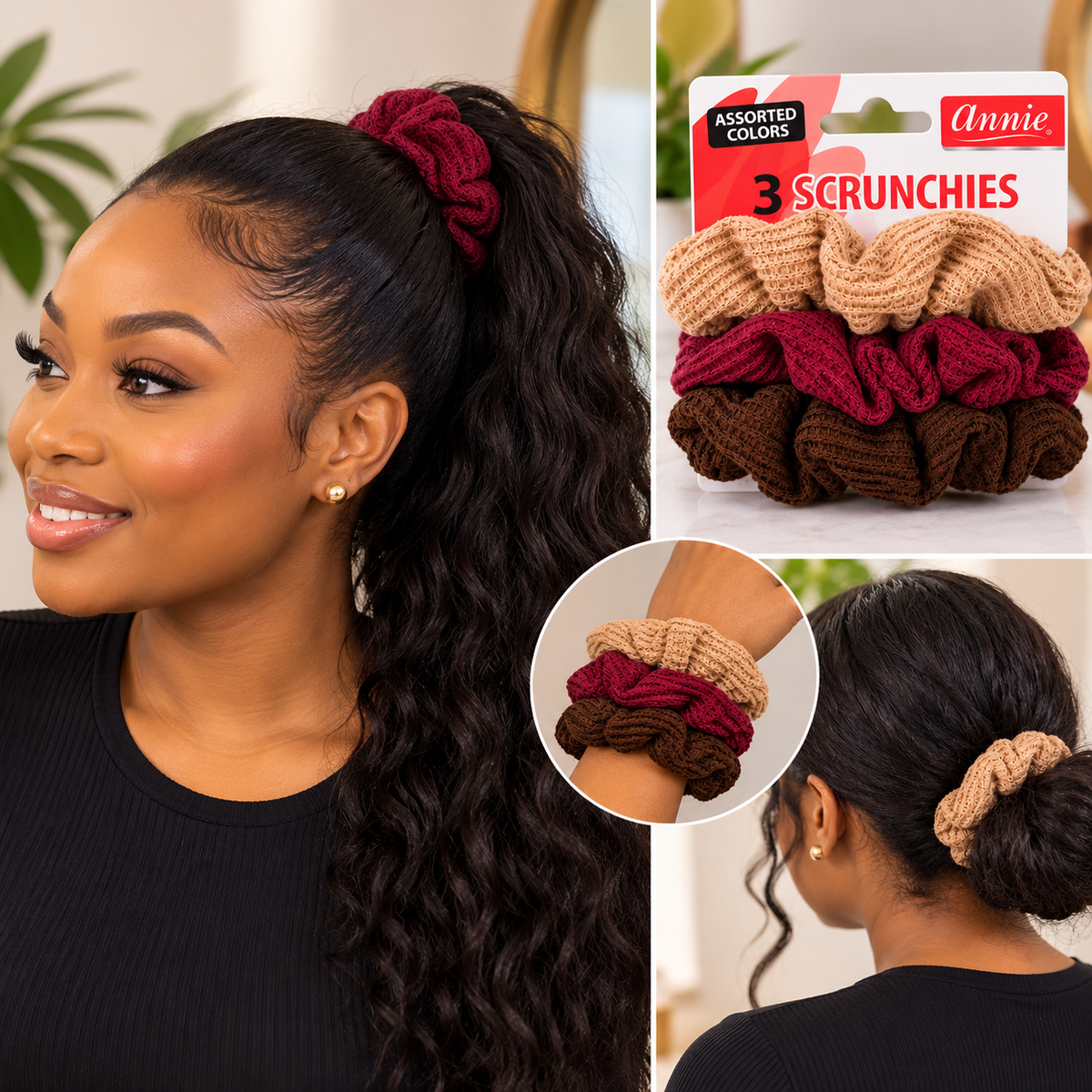 Annie 3-Pack Textured Hair Scrunchies in assorted beige, burgundy and brown colours, suitable for ponytails and buns, available at Rockland Beauty Supply.