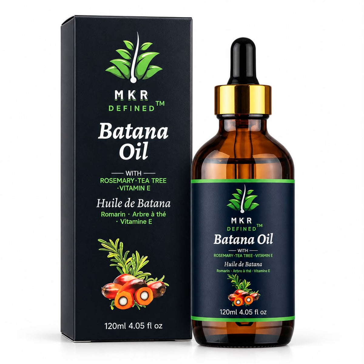MKR Defined Batana Oil in an amber glass dropper bottle with a black and gold cap, shown next to its black packaging box on a white background.