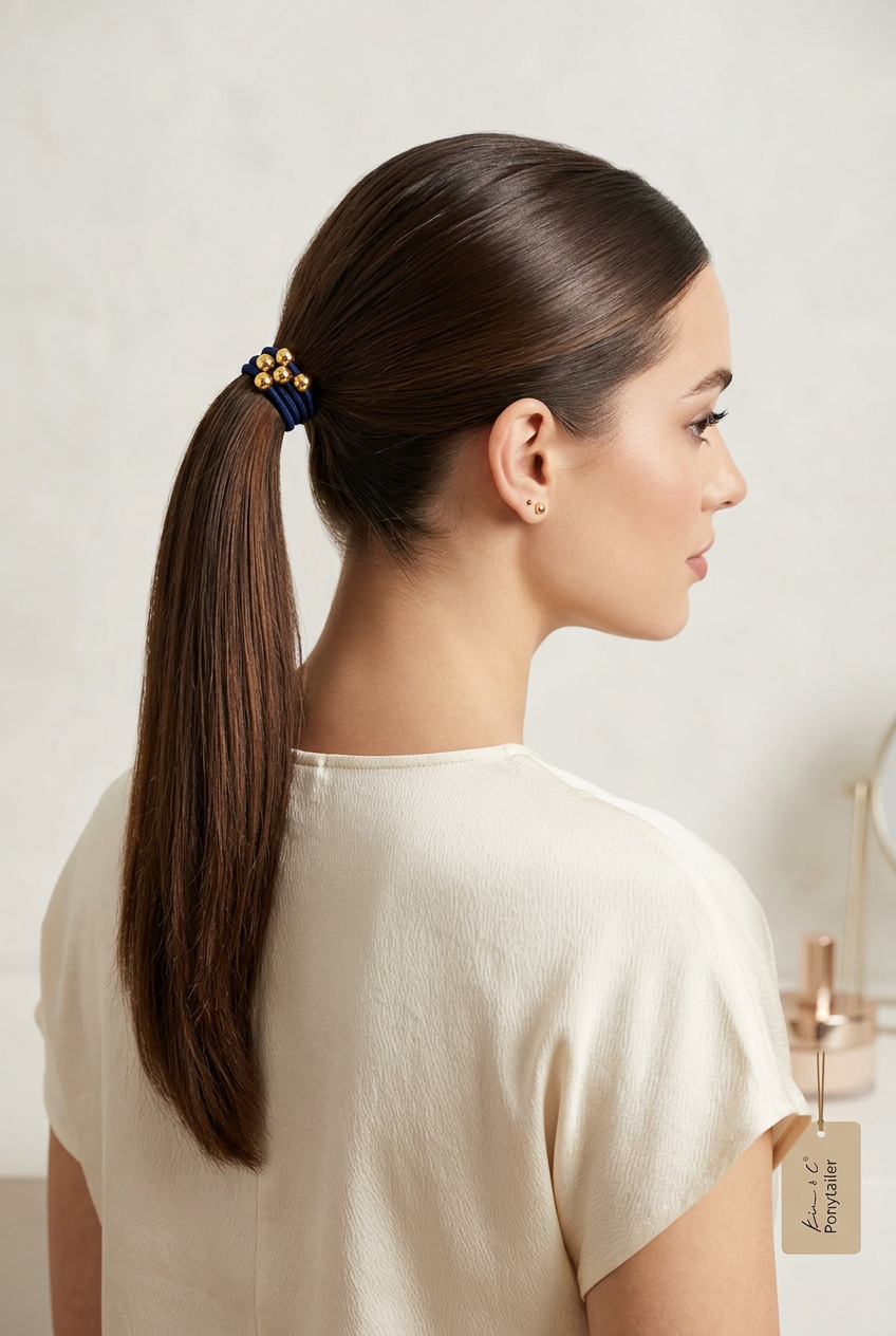 A woman shown from the back and side profile wearing a dark brown ponytail hair extension secured with a navy and gold Kim & c hair tie. She is wearing a cream-colored short-sleeve top against a soft, light beige background.