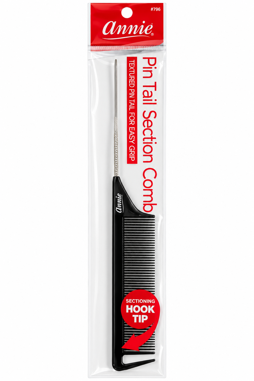 Annie Pin Tail Section Comb in its original retail packaging, featuring a black comb with a red and white header card.