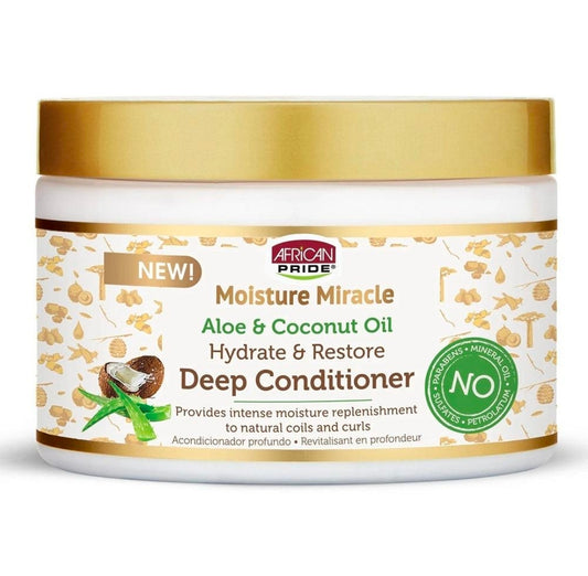 Shop African Pride Moisture Miracle Aloe & Coconut Oil Deep Conditioner 12 oz at Rockland Beauty Supply. Moisturizing care for dry, curly and coily hair.